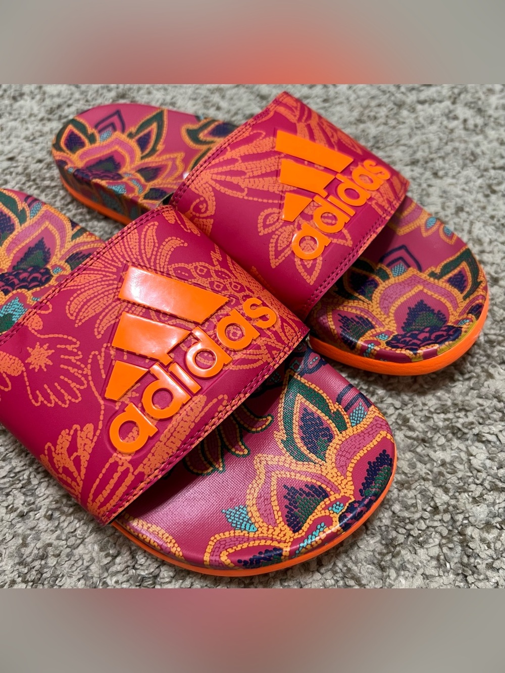 Adidas x FARM Rio Women’s Adilette Floral Orange Comfort Slide Sandals Size 9